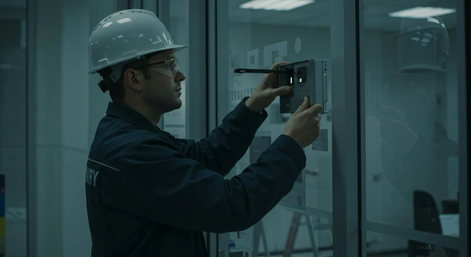 Technik w kasku sprawdza urządzenie zamontowane na ścianie w pomieszczeniu technicznym